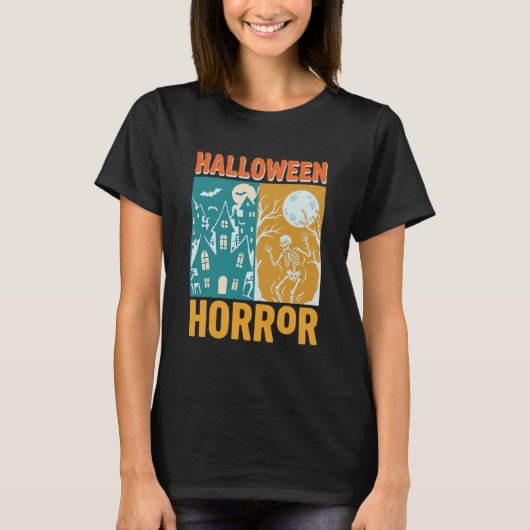 ハロウィン 幽霊の家の月 スケルトンデザイン_1 Tシャツ (正面)