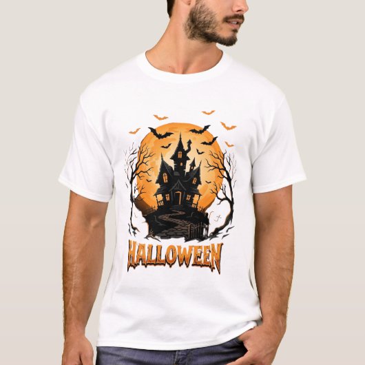 ハロウィン 幽霊の家 コウモリ 月 グラフィックデザイン Tシャツ (正面)