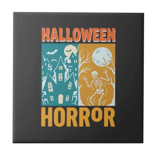 ハロウィン 幽霊の家 月 スケルトン デザイン_1 タイル (正面)
