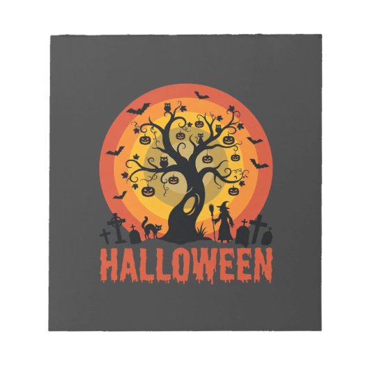 ハロウィン 幽霊の木 魔女と黒猫 ノートパッド (正面)