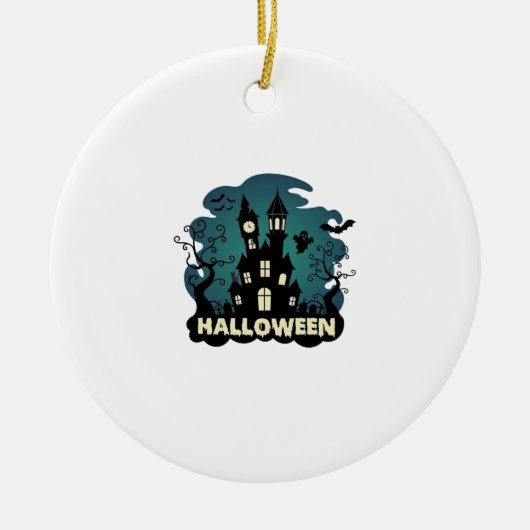 ハロウィン 幽霊の館 時計塔 コウモリ おばけ_1 セラミックオーナメント (正面)