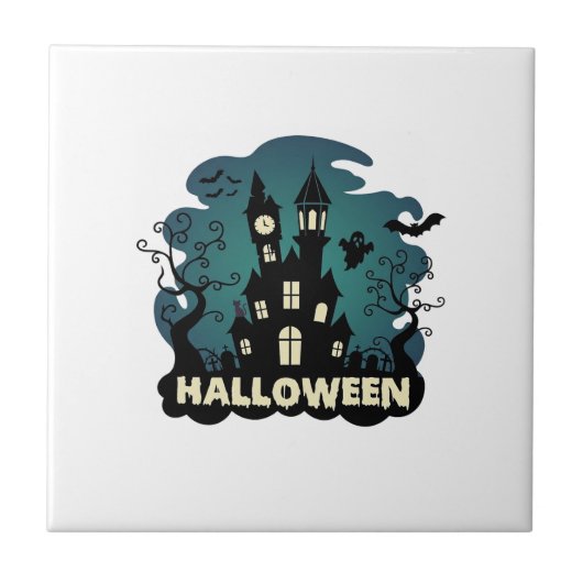 ハロウィン 幽霊の館 時計塔 コウモリ おばけ_1 タイル (正面)
