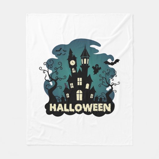 ハロウィン 幽霊の館 時計塔 コウモリ おばけ_1 フリースブランケット (正面)