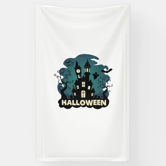 ハロウィン 幽霊の館 時計塔 コウモリ おばけ_1 横断幕 (縦)
