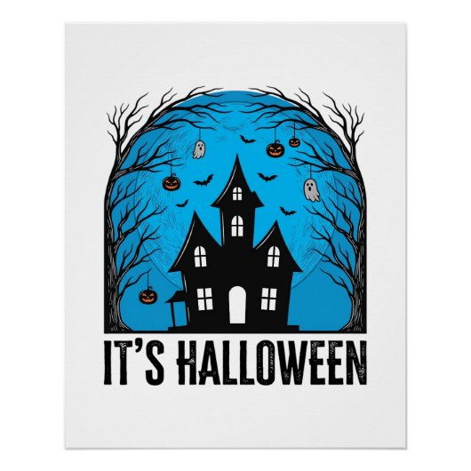 ハロウィン 幽霊の館 月 アンティーク風の彫刻デザイン ポスター (正面)