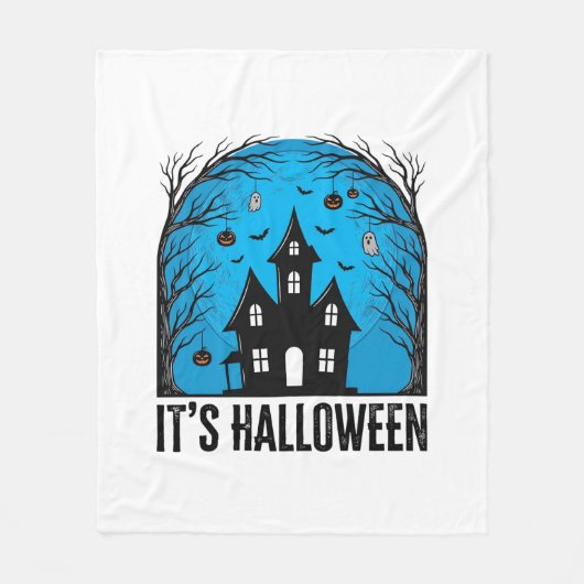 ハロウィン 幽霊の館 月 アンティーク風 彫刻デザイン フリースブランケット (正面)