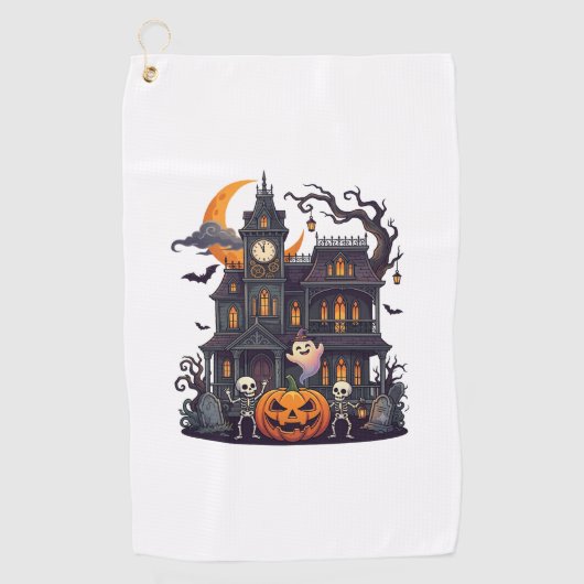 ハロウィン 幽霊屋敷 スケルトン パンプキン ゴースト Cr ゴルフタオル (正面)