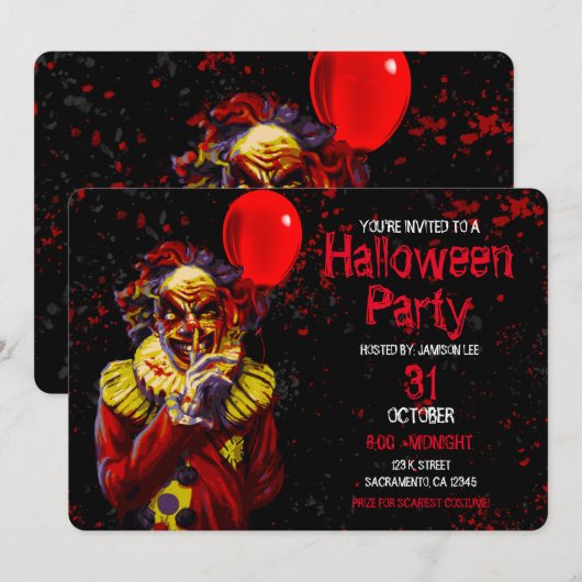 ハロウィン 怖いピエロ コスチューム パーティー 招待状 (正面/裏面)