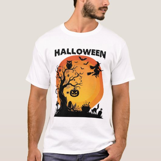 ハロウィン 怖い木 飛ぶ魔女 オレンジ 月 ブラー Tシャツ (正面)