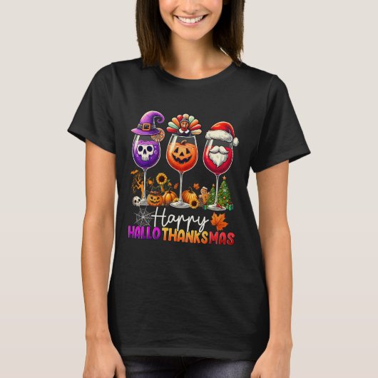 ハロウィン+感謝祭+クリスマスのワイン Tシャツ (正面)