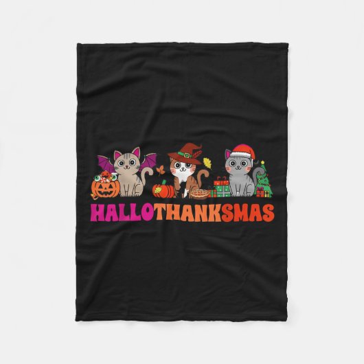 ハロウィン 感謝祭 クリスマス ハッピーハロサンクス フリースブランケット (正面)