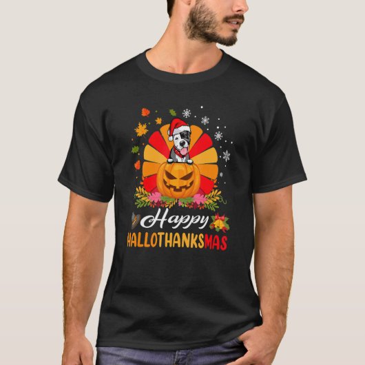 ハロウィン+感謝祭 パグ犬のハロサンクリスマス Tシャツ (正面)