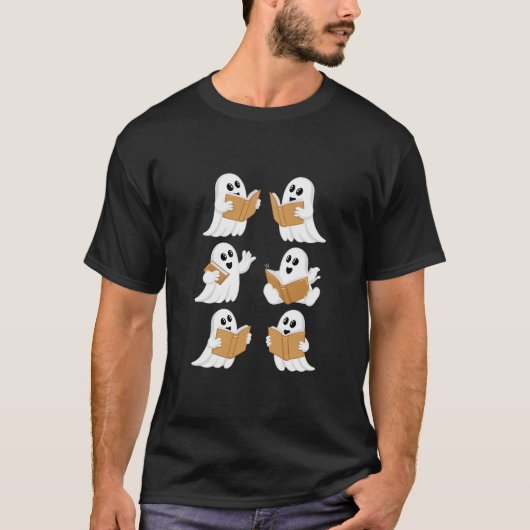 ハロウィン 教師 おばけ 本を読む 本の虫 ライブラリアン Tシャツ (正面)