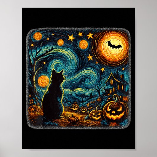ハロウィン 星空 黒猫 かぼちゃ アート メンズ ポスター (正面)