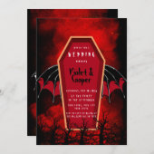 ハロウィン 棺とコウモリの羽根 赤 黒 ウェディング 招待状 (正面/裏面)