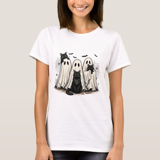 ハロウィン 楽しい Tシャツ - おばけと黒猫 (正面)