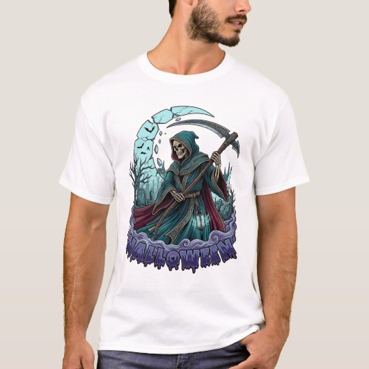 ハロウィン 死神 鎌 ランタン 壊れた月_1 Tシャツ (正面)