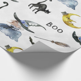 ハロウィン-水彩画の魔法使い-猫-月 ラッピングペーパー