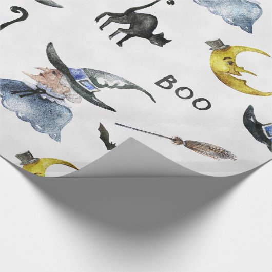 ハロウィン-水彩画の魔法使い-猫-月 ラッピングペーパー (角)