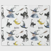 ハロウィン-水彩画の魔法使い-猫-月 ラッピングペーパー (フラット)