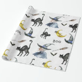 ハロウィン-水彩画の魔法使い-猫-月 ラッピングペーパー (アンロールド)