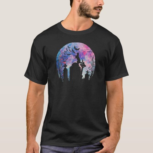 ハロウィン 水彩画 満月 猫 墓石の上 Tシャツ (正面)