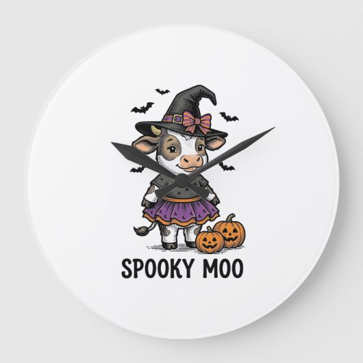 ハロウィン 牛 Tシャツ かわいい 魔女 子牛 彫刻 アート ラージ壁時計 (正面)