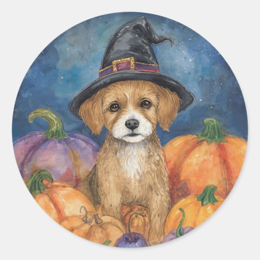 ハロウィン 犬好き 魔女 かぼちゃ ラウンドシール (正面)