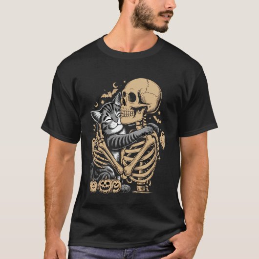 ハロウィン+猫好きのためのスケルトンに抱かれる猫 Tシャツ (正面)