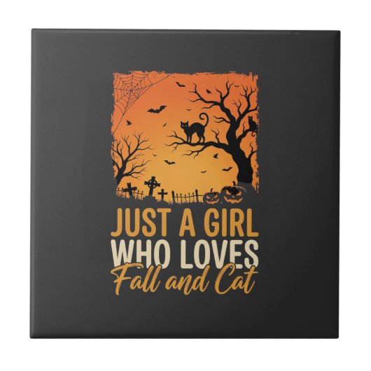 ハロウィン 猫好き 秋の夕焼け グラフィック タイル (正面)