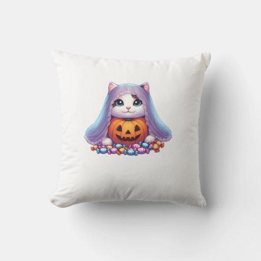 ハロウィン 猫 かぼちゃ キャンディー 長袖Tシャツ クッション (正面)