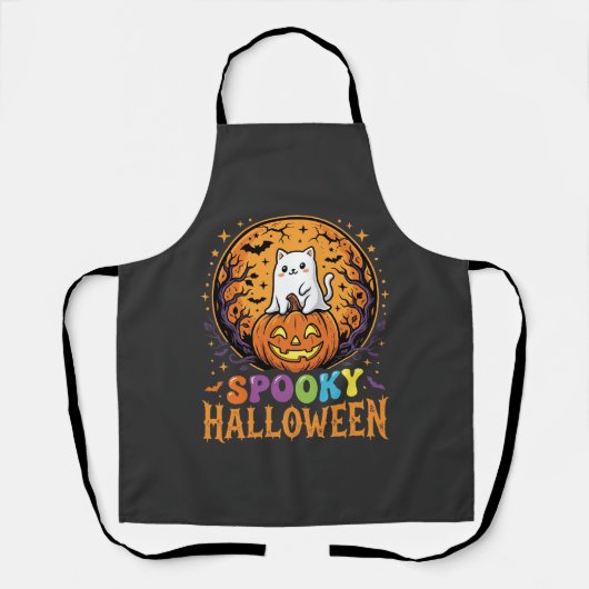ハロウィン 猫 かぼちゃ 月 レトロ デザイン エプロン (正面)