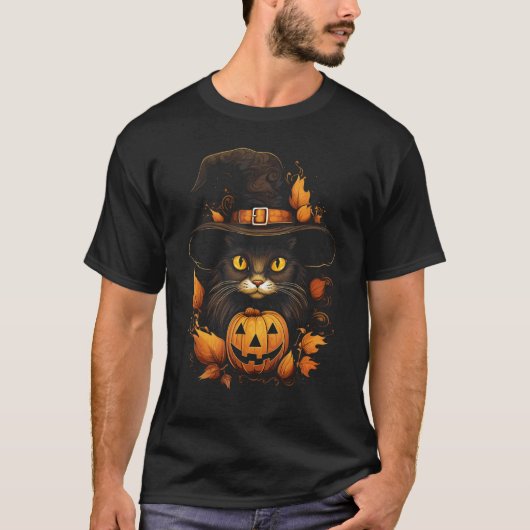 ハロウィン 猫 かぼちゃ 秋 落ち葉 魔女 帽子 コスチューム Tシャツ (正面)