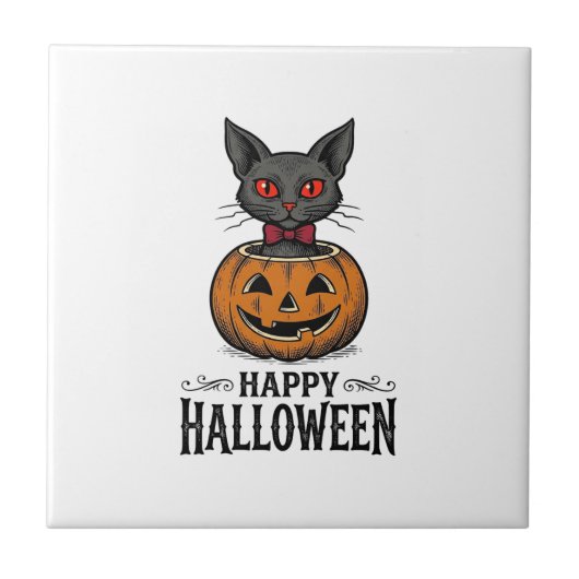 ハロウィン 猫 かわいい カボチャ レトロ スプーキー_1 タイル (正面)