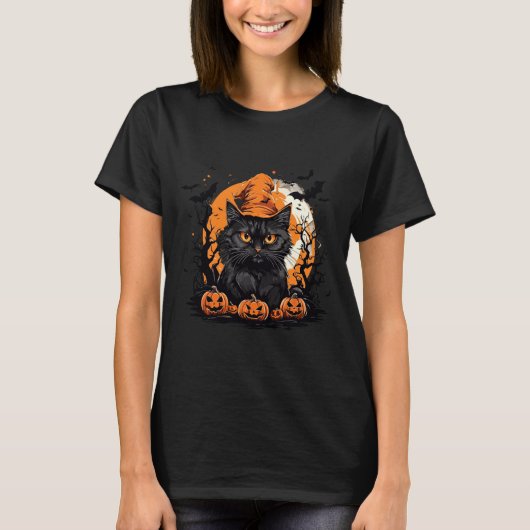 ハロウィン 猫 コスプレ かぼちゃ 黒猫 Tシャツ (正面)