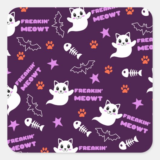 ハロウィン 猫 ゴースト スクエアシール (正面)