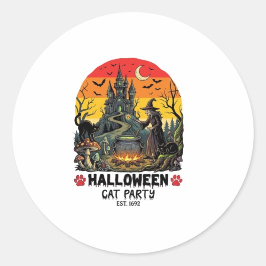 ハロウィン 猫 パーティー 魔女の釜 黒猫の脅かし ラウンドシール (正面)