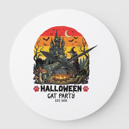 ハロウィン 猫 パーティー 魔女の釜 黒猫の脅かし ラージ壁時計 (正面)