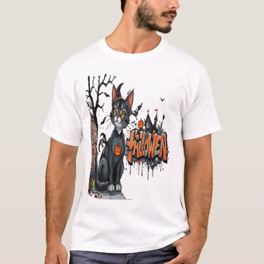 ハロウィン 猫 ホラー アート グラフィティ Tシャツ (正面)