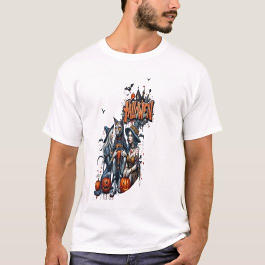 ハロウィン 猫 ホラー アート グラフィティ Tシャツ (正面)