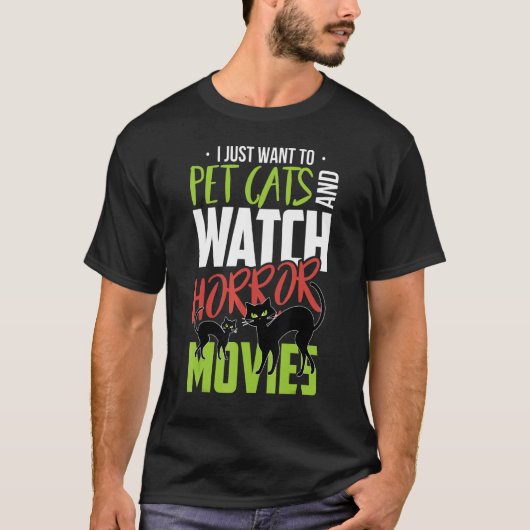 ハロウィン 猫 ホラー ペット 猫 と ホラー 映画 を 見る Tシャツ (正面)