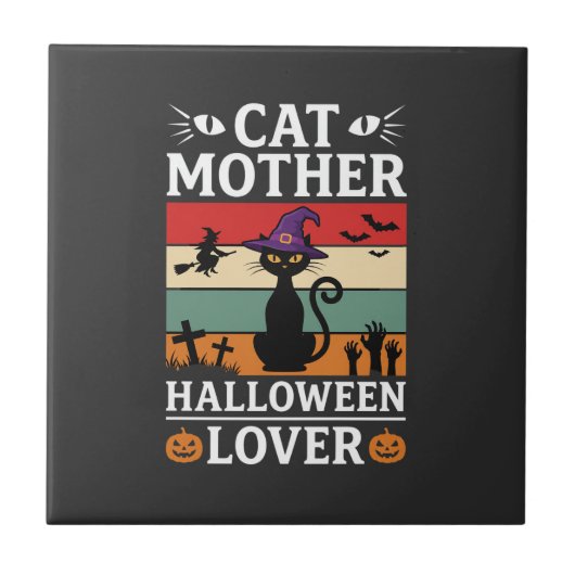 ハロウィン 猫 ママ 愛好家 レトロ 魔女 デザイン タイル (正面)