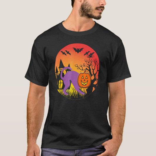 ハロウィン 猫 幽霊屋敷 魔女 コウモリ Tシャツ (正面)
