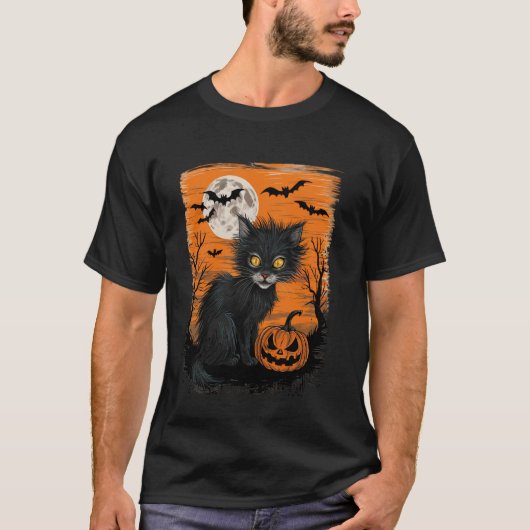 ハロウィン 猫 楽しい 猫 ハロウィン Tシャツ 女性用 (正面)