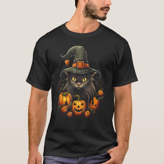 ハロウィン+猫+魔女の帽子+カボチャ Tシャツ (正面)