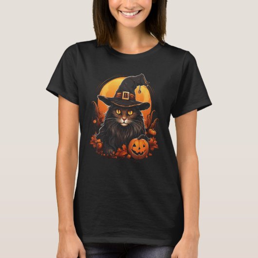 ハロウィン 猫 魔女 コスチューム かぼちゃ 月 面白い 猫 Tシャツ (正面)