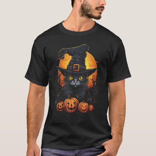 ハロウィン 猫 魔女 帽子とカボチャ Tシャツ (正面)