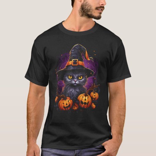 ハロウィン 猫 魔女 帽子 かぼちゃ ジャックランタン コス Tシャツ (正面)