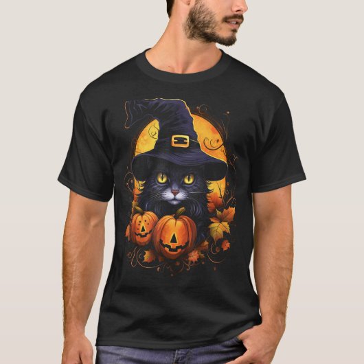 ハロウィン 猫 魔女 帽子 かぼちゃ 1 Tシャツ (正面)