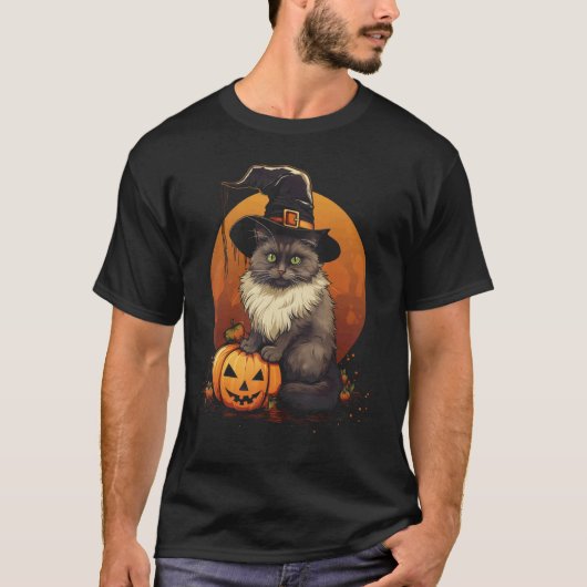ハロウィン 猫 魔女 帽子 かぼちゃ Tシャツ (正面)